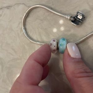 Pandora charm bracelet and two murano glass charms